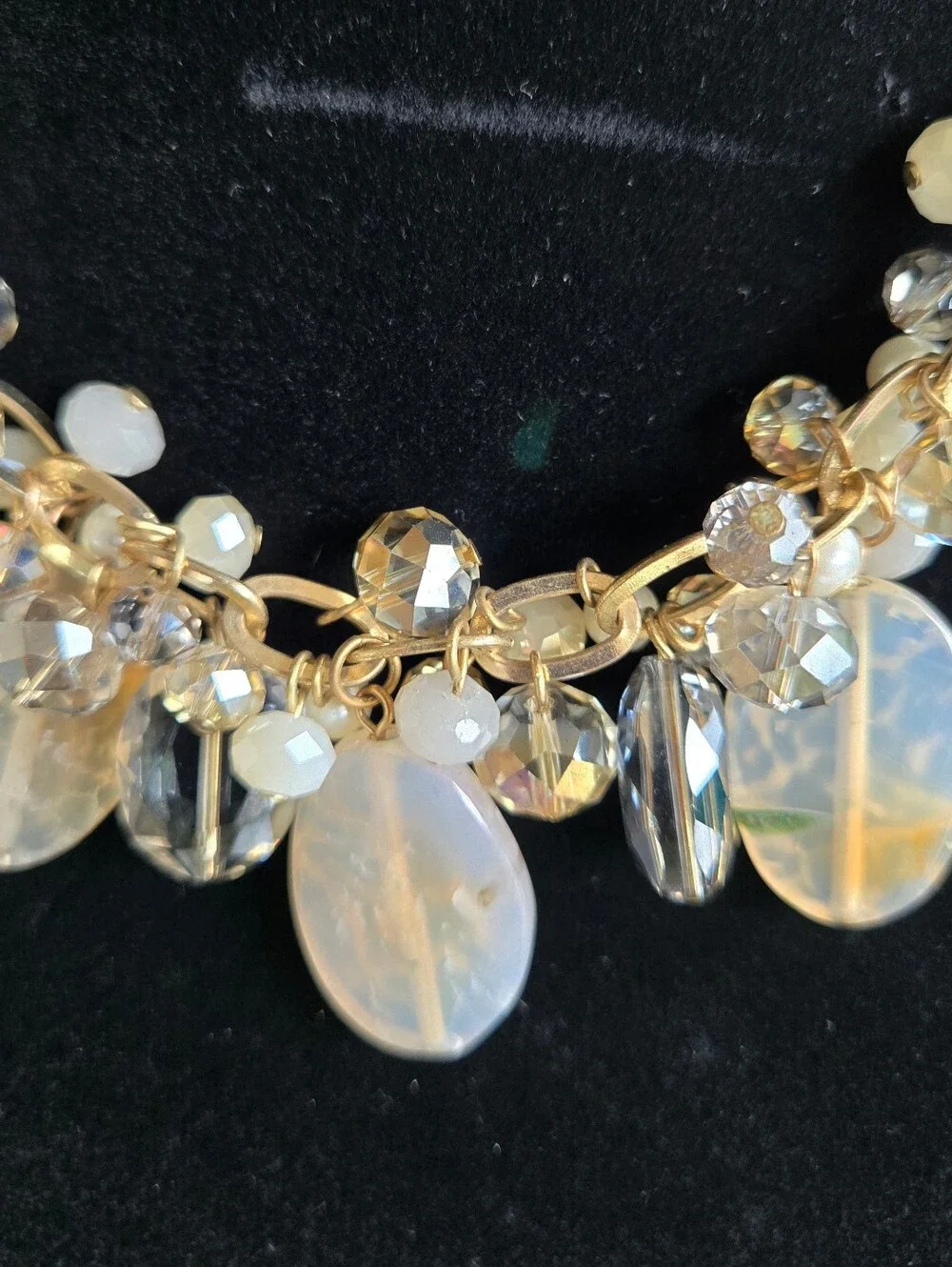 Gold-Tone Cluster Statement Necklace Agate Crystal Beads Peach Clear Smoky Grey